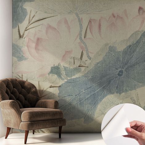 Papier peint adhésif décoratif avec colle pour salon chambre et bureau Installation rapide Feuilles de lotus 250x250 cm (1/5)