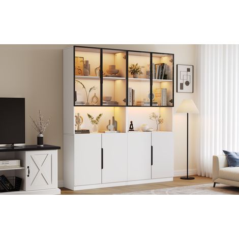 Vitrine blanche moderne en panneaux de particules avec portes vitrées, éclairage LED réglable, 160x30x200 cm (1/5)