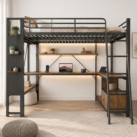 Cama alta 140x200 cm de metal negro con almacenaje para dormitorio, sin colchón (1/5)
