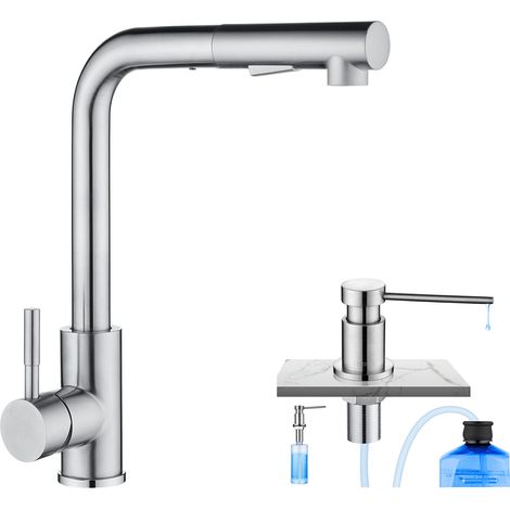 Cecipa Hochdruck Ausziehbare Küchenarmaturen aus gebürstetem Edelstahl + Küchenseifenspender mit 300-ML-Behälter, gebürstet (1/5)