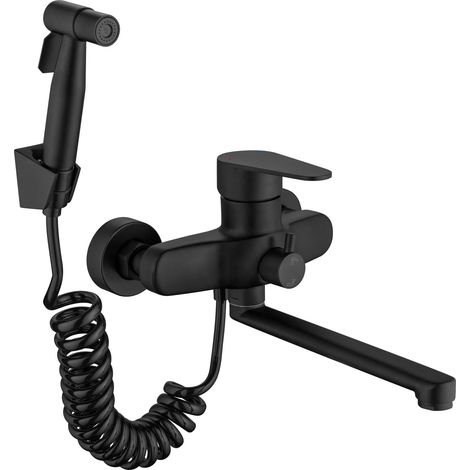 Robinet de cuisine mural noir mat avec bec rotatif de 23 cm et 360 ° - Robinet de cuisine mural avec pistolet pulvérisateur - Robinetterie murale pour cuisine - Acier inoxydable (1/5)