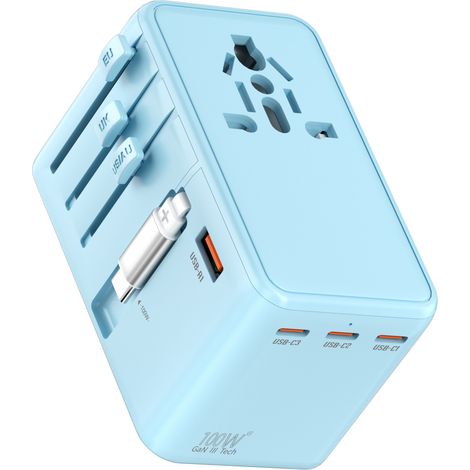 Adaptateur de voyage universel, charge rapide 100 W, convertisseur universel, câble de charge rapide rétractable TYPE-C 80 cm (bleu) (1/5)
