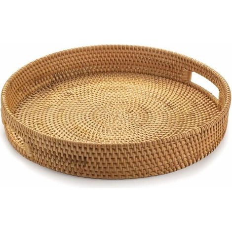 Round Rattan Tray, Wicker Tray with Cut-Out Handles, Woven Fruit/Bread Basket, 30cm MUMU (1/4)