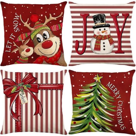 4PCS Housses Coussin Noel 45x45cm,Noel Taies D'oreiller En Lin,Coussin Taie D'oreiller Noël,Housse Coussin Decoratif Canapé,Decoration Noël Pour Maison Canapes Salon Chambre Lit Decoratifs (Rouge-3) (1/5)