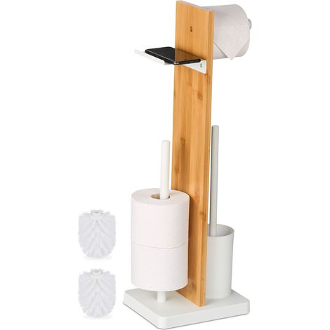 Relaxdays WC Garnitur, Bambus, HBT: 68x27x18 cm, freistehender Klopapierhalter, Ablage, Toilettenbürste, weiß/natur