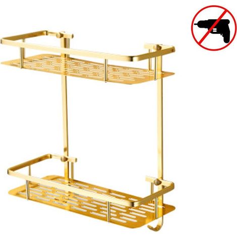 Etagere Salle De Bain - Alu Double Etage Avec Crochets - Adhesif Sans Perce - 36 X 32 X 13 Cm - Or - 1 Piece (1/5)