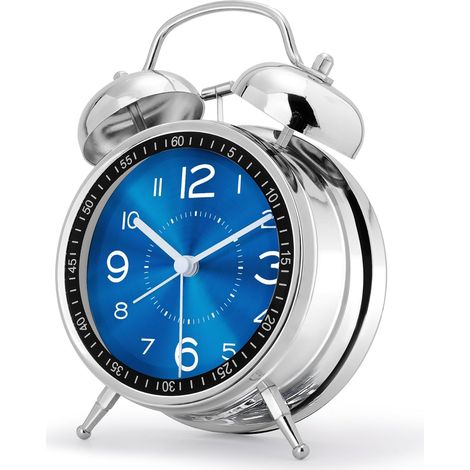 Reveil Bruyant pour Dormeurs Lourds, Double Cloche Fort, avec Lumière de Nuit, Grand Réveil Matin Métal, Horloge de Table Analogique Silencieux pour Chambre Bureau 16cm, Bleu (1/5)