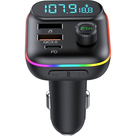 Auto-Bluetooth-FM-Transmitter, Zigarettenanzünder-Bluetooth-5.0-Radiosender, PD-Typ-C+-QC3.0-Auto-Schnellladegerät, Freisprechen, Bass-MP3-Musikplayer, unterstützt U-Disk
