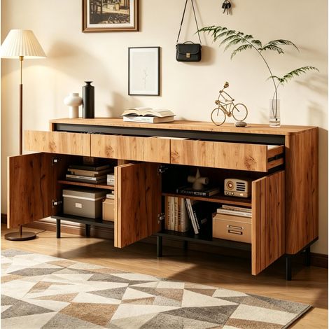 Buffet de rangement pour salon chambre, 160x40x73 cm, en MDF, pieds métal, naturel (1/5)