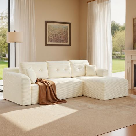 Canapé d’Angle, Canapé Modulable 244 cm, Livré Compressé en Colis, sans Montage, avec Grande Méridienne à Droite, pour Salon, Chambre d’Amis, Blanc Crème LCS184WD01 (1/5)