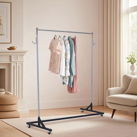 Portant à vêtements industriel Z – Capacité 270 kg – Barre extra longue – Base emboîtable – Roulettes verrouillables – Métal noir et argent – Économiseur d’espace – 150×50×160cm – Base noire + tige ar (1/5)