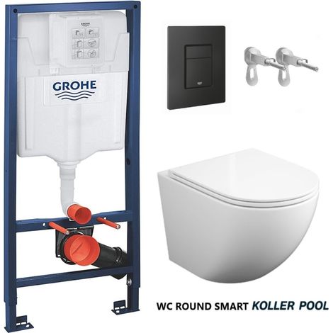 Bâti-support GROHE Rapid SL pack réservoir encastrable et plaque Noir Mat avec WC suspendu ROUND SMART Blanc 52 cm abattant fin Tornade 3.0 par KP (1/3)