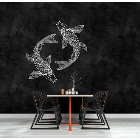 Papier peint panoramique à motif japonais | Tapisserie panoramique à motif carpes pour salle de bain | Papier peint panoramique noir et blanc moderne - 270 x 400 cm (4 pièces) (1/5)