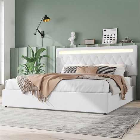 Lit coffre rembourré 180x200 cm blanc – sommier relevable hydraulique et LED intégrée