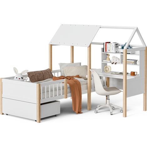 Lit enfant cabane 90x200 avec bureau d'angle, bibliothèque, tiroirs à roulettes, barrière de sécurité et sommier à lattes, blanc et bois clair  CHICFURN (1/5)