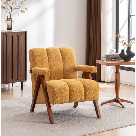Fauteuil avec accoudoirs 77x68,5x77 cm jaune, structure en bois de chêne, tissu bouclé, MEUBLIV (1/5)