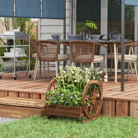 Jardinière sur Pieds carré Potager 3 étages Style Rustique avec 2 roues Charrette trous de drainage. 62x61x57cm marron