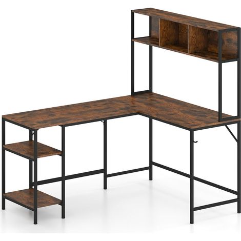 Bureau en L 150 x 120 x 148 cm avec rangement pratique et crochet pour casque style rustique en bois d'ingénierie marron