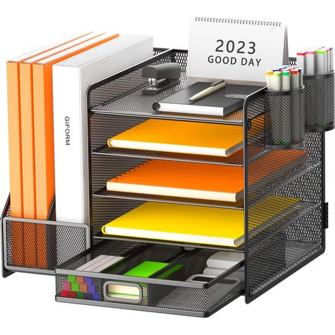 Schreibtisch-Organizer mit Aktenhalter, 5-stufiger Papierorganizer mit Schublade und 2 Stifthaltern, Schreibtischaufbewahrung aus Netzgewebe mit Zeitschriftenhalter für Homeoffice-Bedarf (schwarz) (1/5)