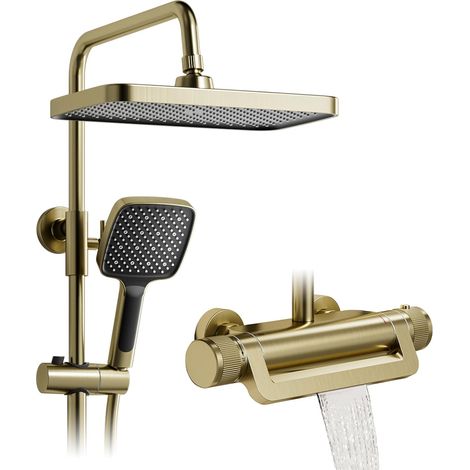 Colonne de douche,Ensemble de colonne de douche 3 en 1 avec pomme de Douche à effet pluie de 330 x 220 mm,Colonne de douche thermostatique Or brossé,Pommeau de douche réglable à 360° (1/5)