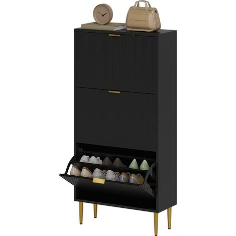 Schuhschrank für 18 Paar Schuhe, 3 Klappschubladen, geriffelte Türen, verstellbare Einlegeböden, 60 x 24 x 122,5 cm, schwarz