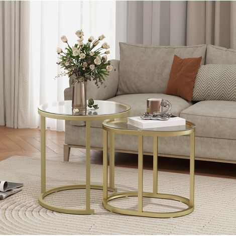 Table basse 2 pièces Ø50x50,5 cm et 60x36x43,5 cm doré en acier et verre avec pieds réglables (1/5)