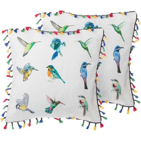 Conjunto de cojines decorativos con estampado de pájaros multicolor 45 x 45 cm decoración moderna con borlas Mallow