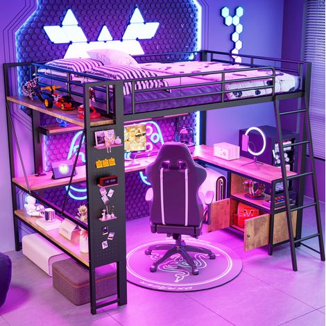 Hochbett modern 140x200 cm aus Metall in Schwarz mit Schreibtisch, LED, Regalen, Lochwand und USB