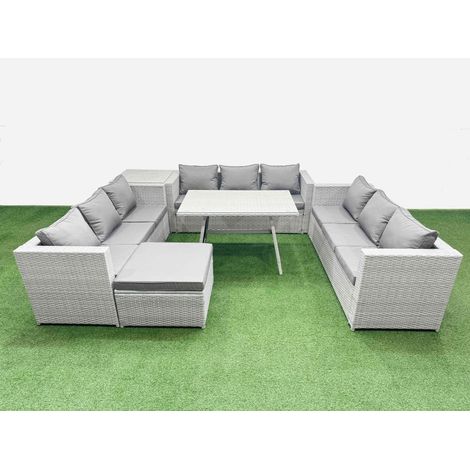 Fimous 10 Seat Outdoor Patio PE Rattan Garden Furniture with Cushions 3 Seater Sofa Side Table Big Stool Light Grey (1/4)