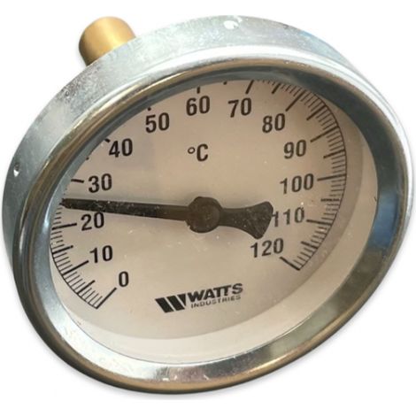 Watts Bimetall Zeigerthermometer axial Thermometer für Pufferspeicher mit Tauchhülse 50mm 0-120°C (1/2)