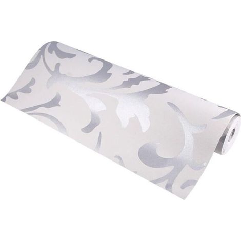 Papel pintado no tejido estilo barroco 3D - 10 m x 0,53 m - Plateado - Diseño barroco - Moderno minimalista - Sala de estar (1/4)