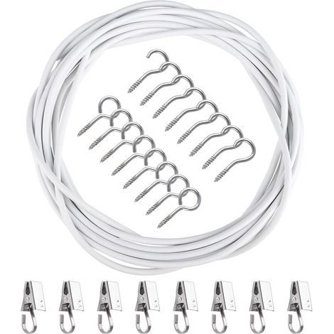 Corde à rideau - Revêtement en plastique blanc - 5 m - Avec crochets à vis, œillets de tirage et crochets à clips - Système de corde pour chambre à coucher, rideaux de salle de bain (1/5)