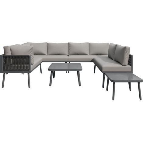 Salon de jardin fer forme U, mobilier de balcon, canapé d’angle extérieur résistant, pour 8 personnes, 2 tables + 4 canapés 2 places, coussins inclus