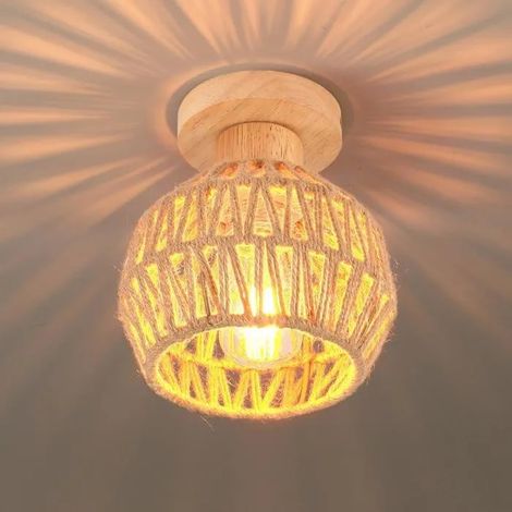 Plafonnier Industriel E27 Lampe de Plafond Vintage Abat-jour en Corde de Chanvre Rétro Lustre Cage 16cm pour Salon Chambre (1/5)