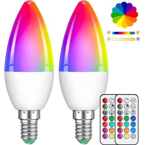 2 Pack 5W E14 C35 Bulbe LED De Bougie Multi-couleurs Dimmable, Ampoule à Changement De Couleur Avec Télécommande, RGB+Blanche Chaude, Adaptée à L'éclairage Quotidien Et à L'éclairage De L'atmosphère (1/5)