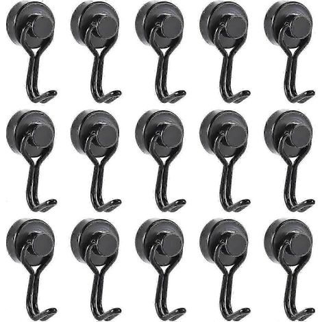 Crochets magnétiques, lot de 15 crochets magnétiques noirs extra-forts, pivotants en néodyme de 16 mm (cadeau) (1/5)