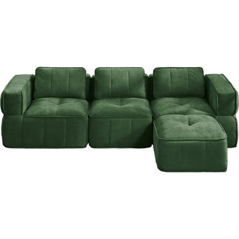 Modulares L-Sofa mit 3 Sitzen und 1 Hocker, ohne Armlehnen, aus grünem Polyester (1/5)