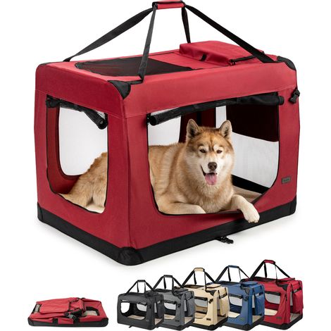 lionto Hundetransportbox faltbar, stabile Stoffbox mit Mesh-Einsätzen, ideal für Auto, Reise & Tierarzt, 101x69x70 cm, dunkelrot