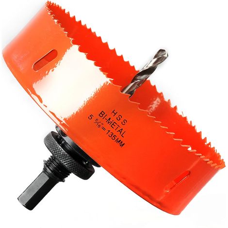 Scie Cloche Bi-métal 135 mm, M42 HSS Bimétallique Scie Trèpan avec Foret de Centrage pour Robuste Perceuse à Percer pour Fer, Aluminium, Bois, Cloison Sèche, Tuyau, Panneau de Fibres de Bois/Orange (1/5)