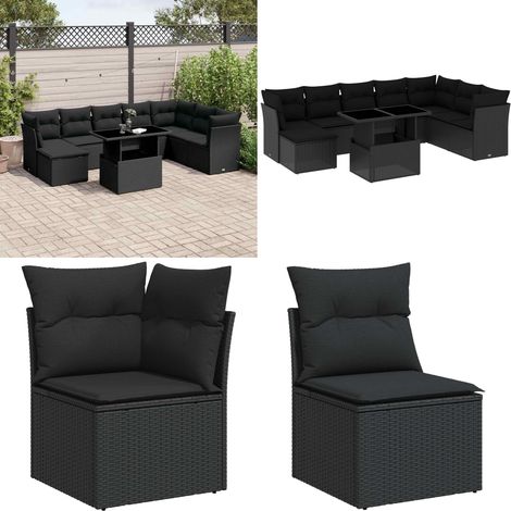 9-tlg. Garten-Sofagarnitur mit Kissen Schwarz Poly Rattan - Gartenmöbel Set - PE-Rattan Möbel - Outdoor Sofa - Gartenlounge - Balkonmöbel - Home & Living (1/5)