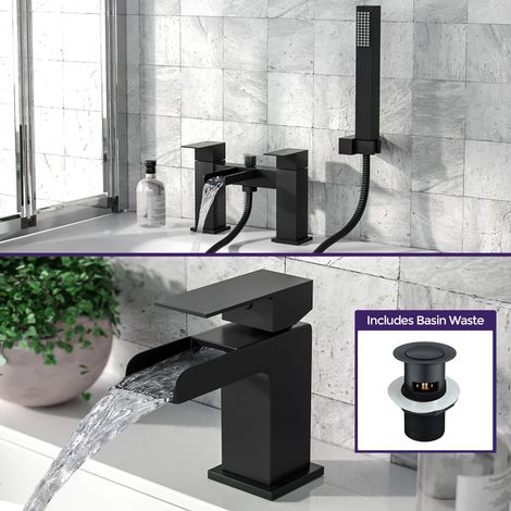 Ozone Matte Black Modern Set Of Waterfall Basin Sink Mono Tap & Bath Shower Mixer With Handset Kit + Free Waste (1/5)