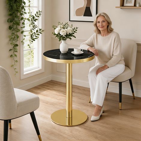 Table ronde moderne avec piètement en acier inoxydable doré, table d'appoint à plateau imitation marbre pour salon, table basse luxueuse à socle stable (1/5)