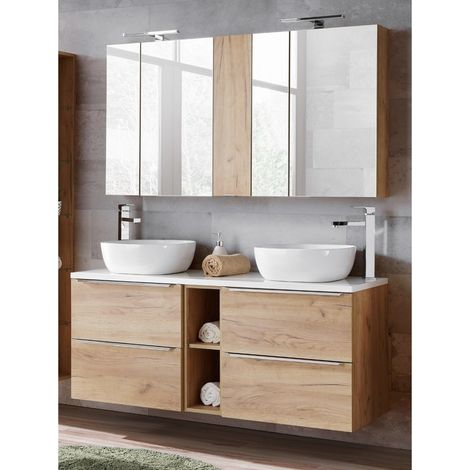 Badmöbel Set mit Doppel-Waschtisch inkl. 2 Keramik-Aufsatzbecken TOSKANA-56 Wotaneiche/Hochglanz weiß BxHxT ca. 140/190/46cm (1/5)