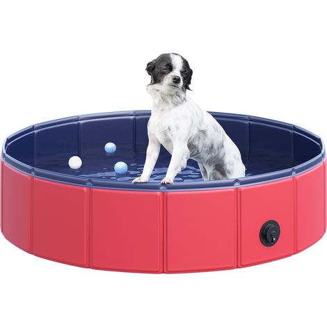 PawHut Foldable Dog Pool, 80 x 20 cm Pet Paddling Pool with Wood Board Support and Anti-Slip Bottom, Portable Doggy Paddling Pool for Garden and Outdoor Use, Red