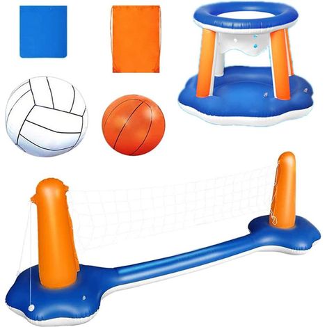 Set de flotteurs gonflables pour piscine avec filet de volley et panier de basket, jeux aquatiques flottants pour enfants et adultes, sports nautiques. (1/5)