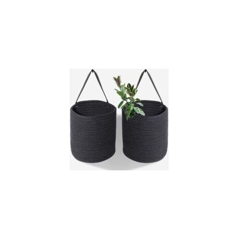 2pcs de panier suspendu en corde de chanvre noir - 10,6 x 5,5 ensemble de paniers muraux tissés suspendus avec poignées en cuir, rangement de paniers suspendus tissés fixés au mur, organisateur de pan