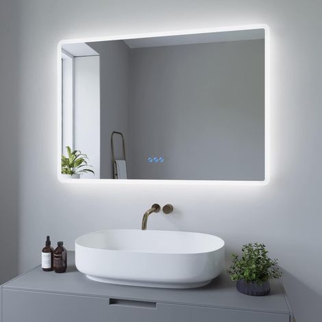 100x70cm Touch Wandspiegel LED Wandspiegel Energiesparend Spiegel mit beleuchteten Lichtern Touch-Schalter Dimmbar + Kaltweiß 6400K + Warmweiß 3000K + Spiegelheizung + IP44 (1/5)