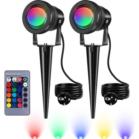 10W RGB Gartenbeleuchtung Scheinwerfer LED Strahler Gartenlampe mit Erdspieß IP65 Wasserdicht Gartenstrahler für Außen Spotbeleuchtung Bodenleuchte Teichstrahler (2er Pack) (1/5)