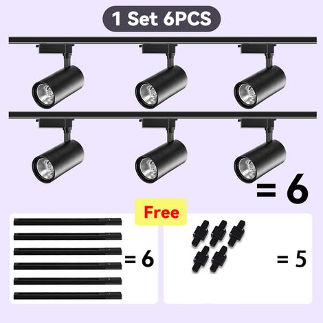LED Schienenspot Set 6-flammig, Schwarz, 12W Kaltweiß, Schwenkbare Deckenstrahler für Schienensystem mit Schiene und Adapter
