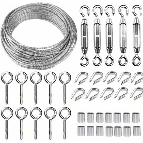 Kit de câble métallique en acier inoxydable de 30 m/2 mm avec tendeur de fil robuste M5, kit de rouleau de fil de clôture, kit de garde-corps de câble, tendeurs de fil de jardin pour plantes grimpante (1/3)